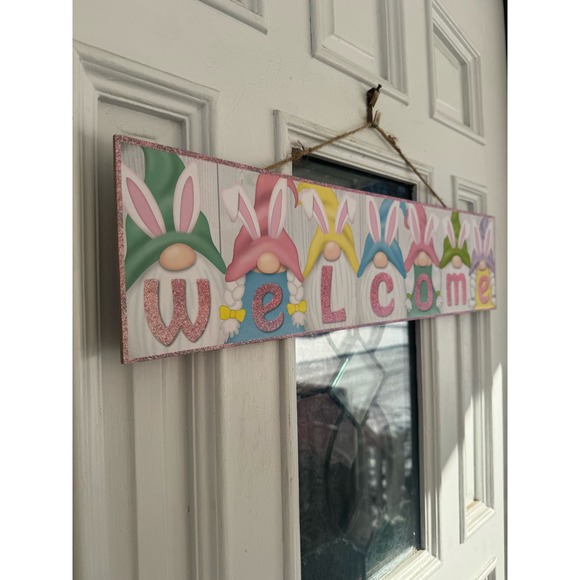 Welcome Easter Bunny Rabbit Gnome Sign Wall Front Door Hanger Home Decor - Picture 5 of 6